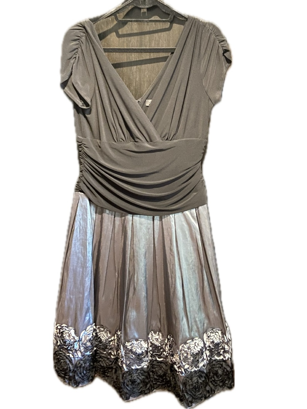 SL Fashions Black and Silver Floral-Trim Midi Dress